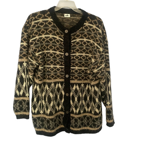 Icelandic Wool Patterned Cardigan Black & Cream Made in Iceland Size XL
